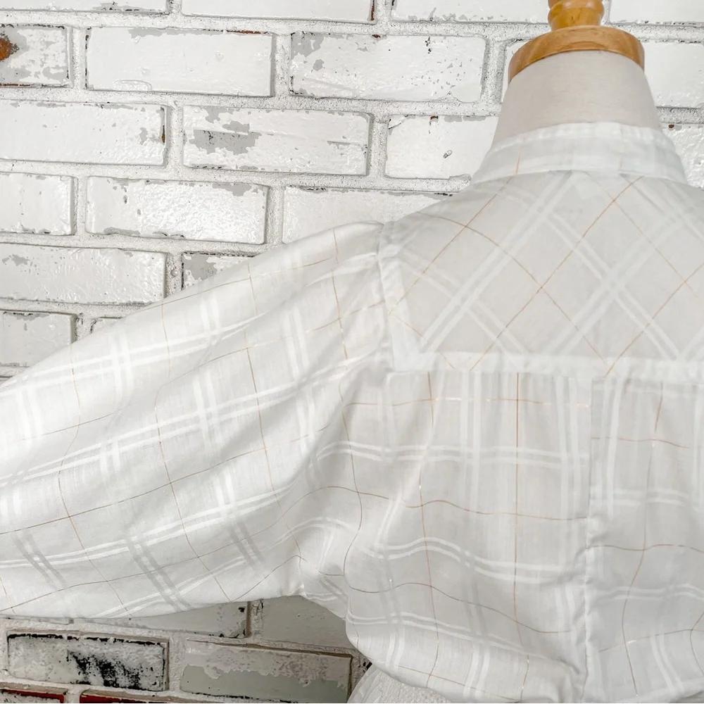 Vintage 60s 70s PepperHill White and Gold Plaid Puff Sleeve Tie Waist Button Top - Picture 7 of 9